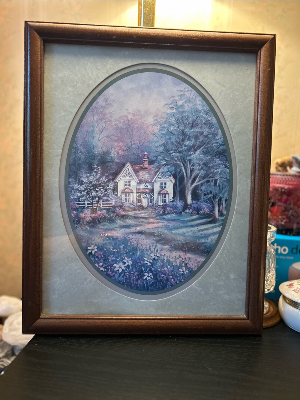 Framed Cottage Landscape Wall Art in Purple and Blue